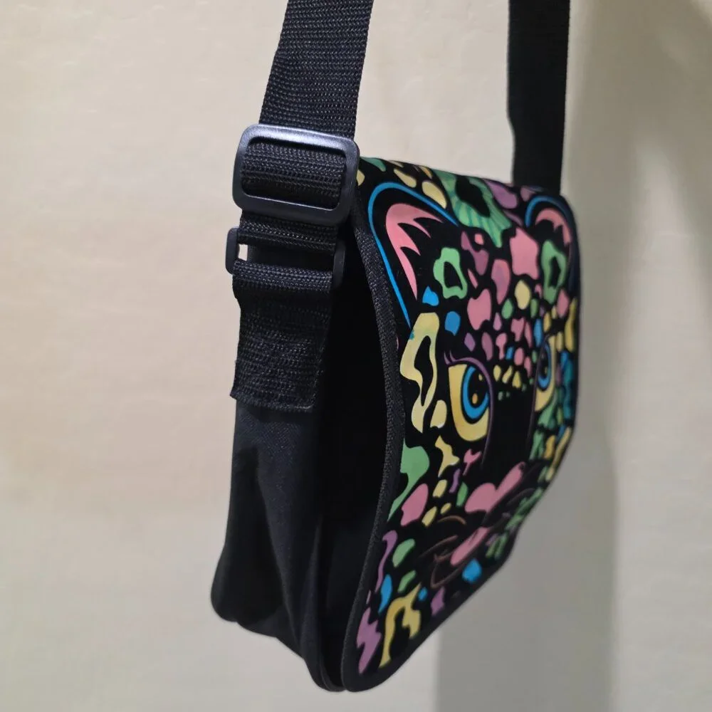 Peachtree Playthings Black Velvet Canvas Neon LION CAT Messenger Crossbody Bag